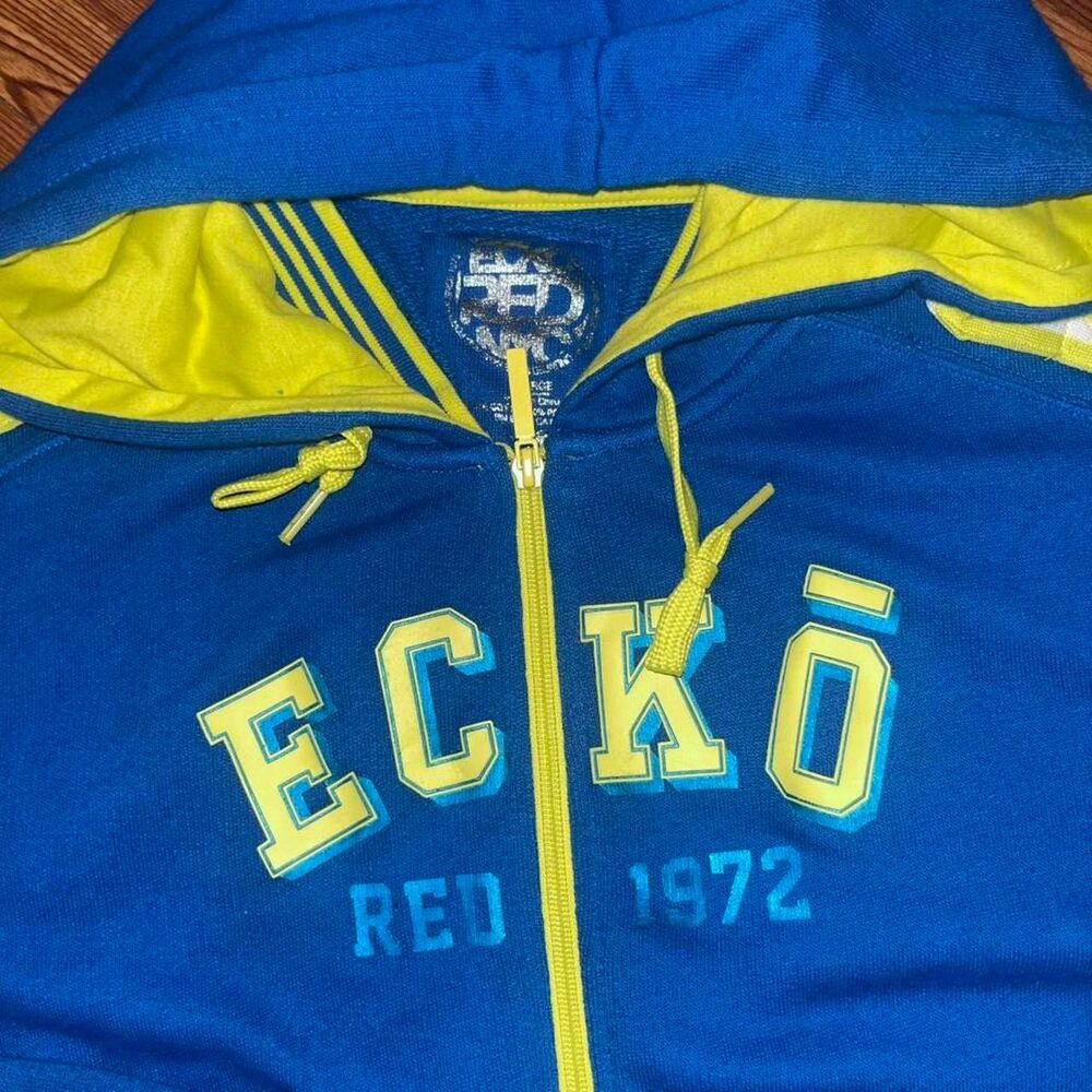 Vintage Y2K 2000 Ecko Red Unlimited Women's Blue and Yellow Striped Jacket SZ XL